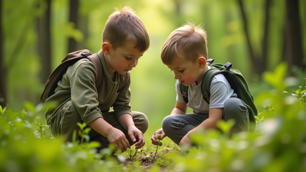 Parent and child examining plants and insects on nature trail during educational outdoor walk