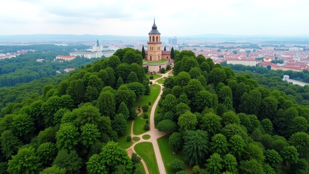 Aerial view of Petřín Hill showing tree-covered pathways, the tower, and surrounding gardens with Prague visible in the distance