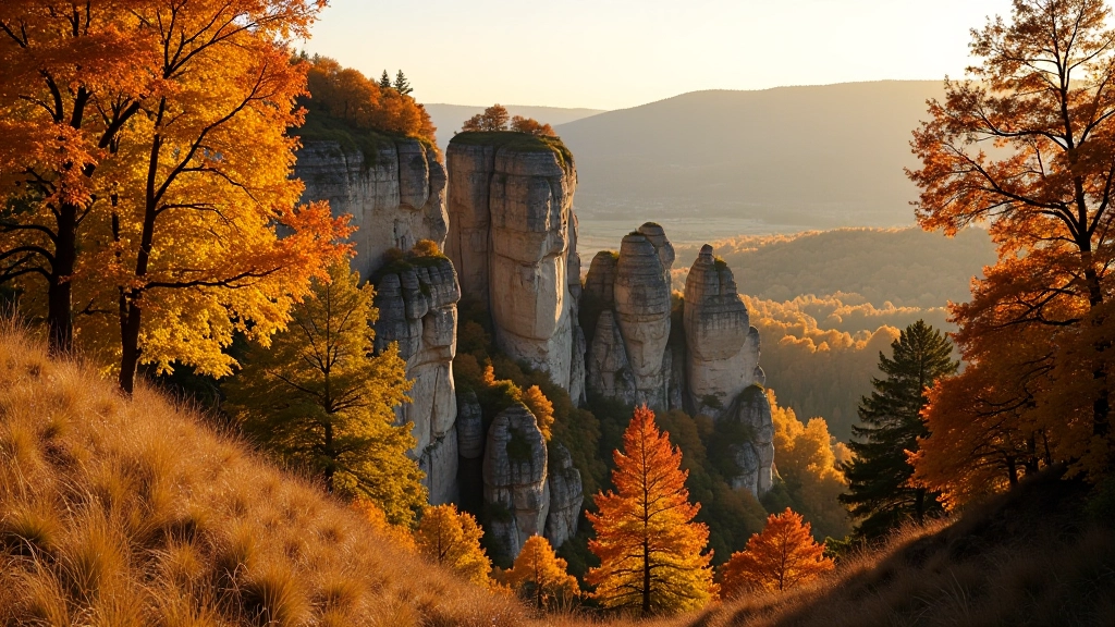 Autumn forest with golden leaves surrounding gray sandstone rock formations in Bohemian Paradise