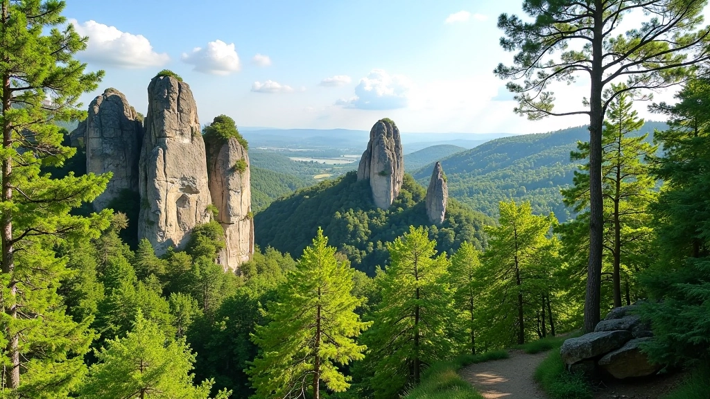 Rocky sandstone formations with hiking trail winding through forest valley
