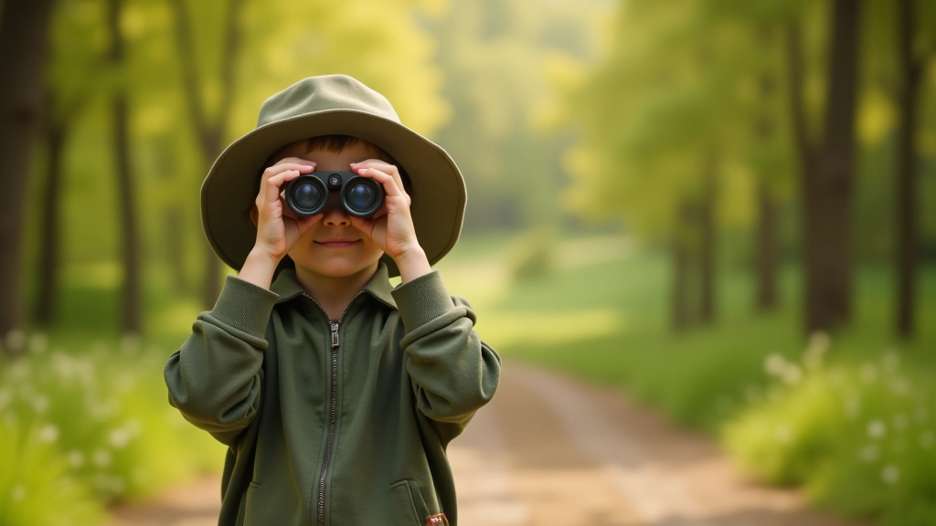 Child using binoculars to observe birds and wildlife in natural park setting with trees and grass