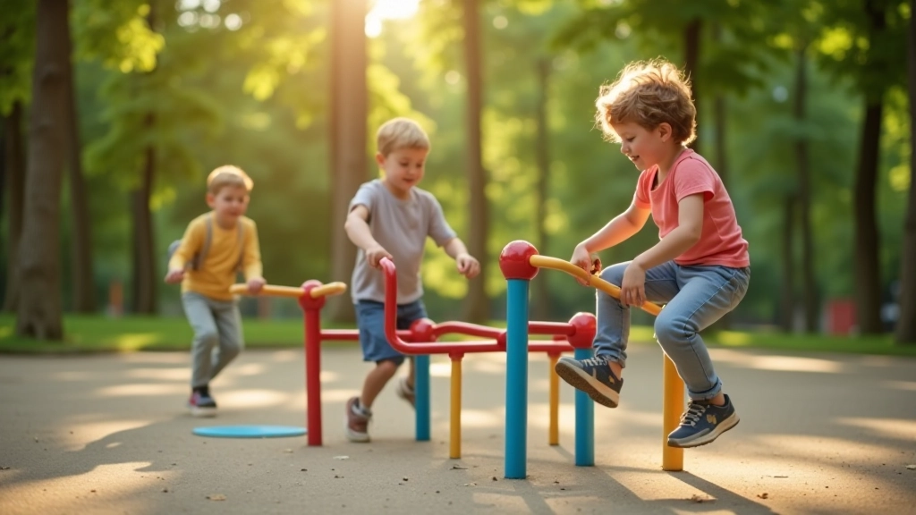 Children playing on accessible playground equipment in modern park with shade trees and seating areas