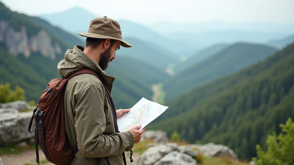 Trail guide consulting detailed map on mountainous overlook in Czech countryside