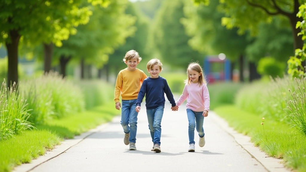 Family of four walking on wide paved trail through green park with playground visible in distance