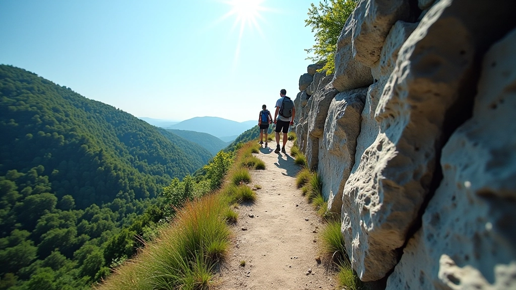 Hiker's perspective on narrow rocky trail with clear blue sky and distant forested valleys below