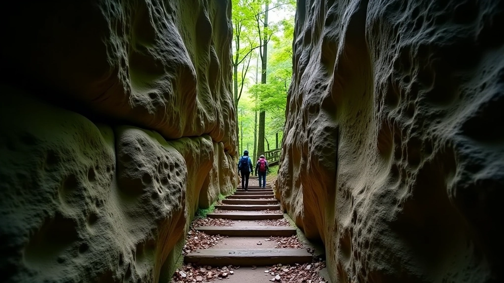Narrow hiking trail winding through tall sandstone cliffs with metal handholds and wooden steps