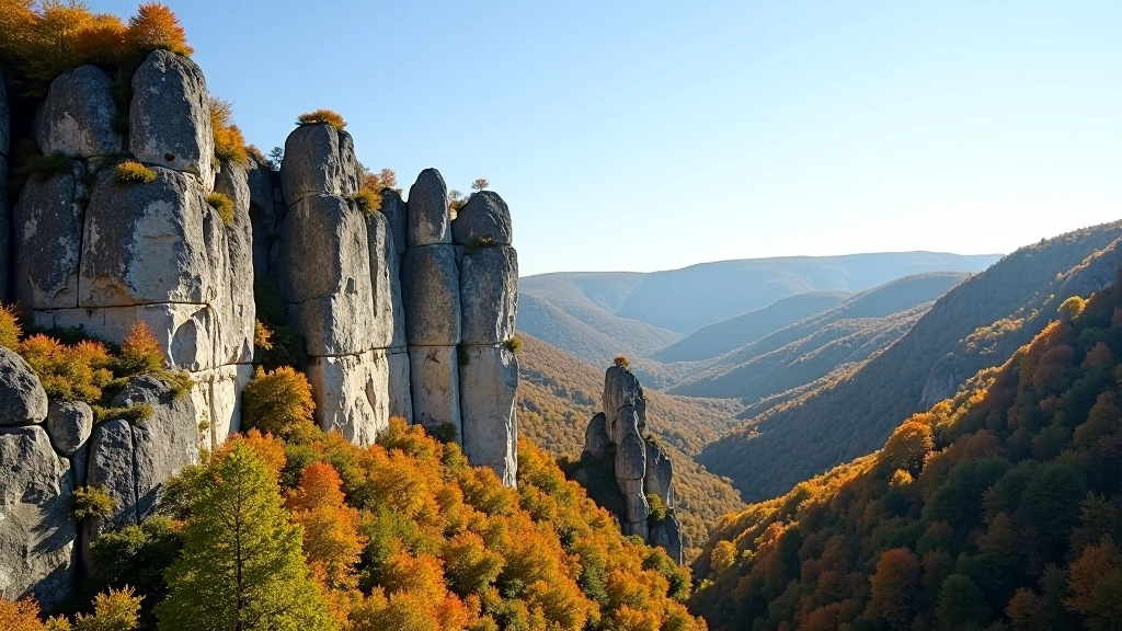 Rocky cliff formations with autumn foliage and clear sky, scenic nature photography