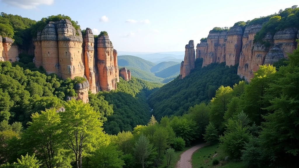 Dramatic sandstone rock formations rising from forested landscape with hiking paths