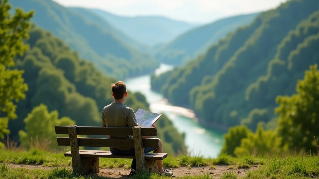 Hiker resting on wooden bench overlooking the river valley with map and backpack visible, outdoor recreation scene