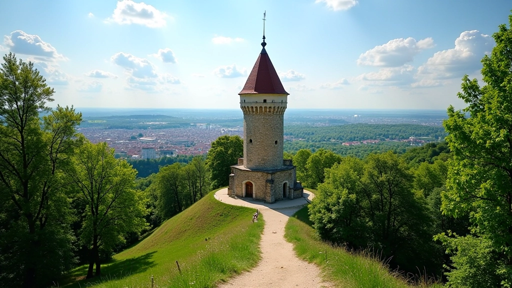Historic tower at hilltop with city views, surrounded by trees and walking paths