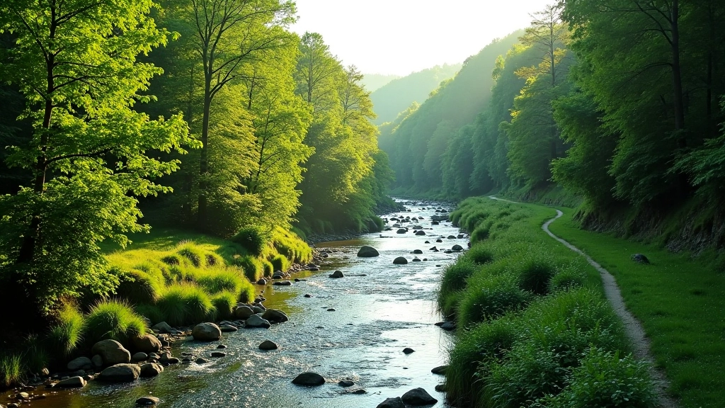 River flowing through scenic valley with dense green forest and hiking path along the bank