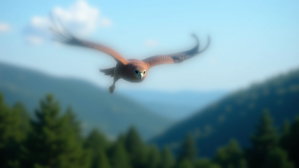 Red kite bird in flight against blue sky with forested hillside below, wildlife photography in natural habitat