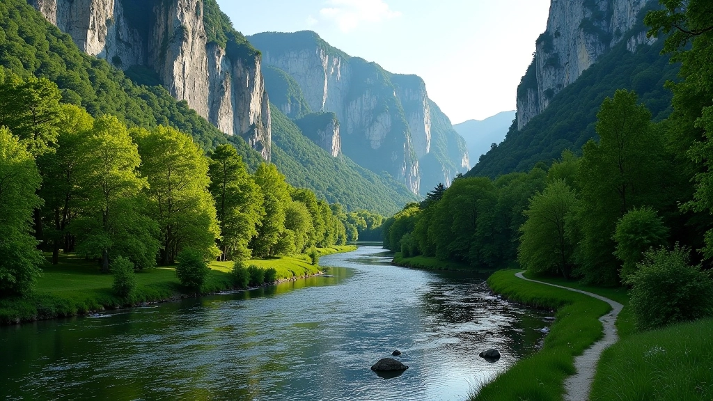 Limestone cliffs towering above the Dyje River valley with autumn forest colors and hiking trail visible along the riverbank