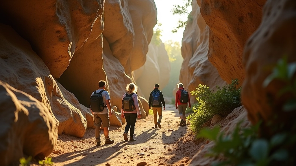 Group of nature enthusiasts hiking through scenic Bohemian Paradise rock formations