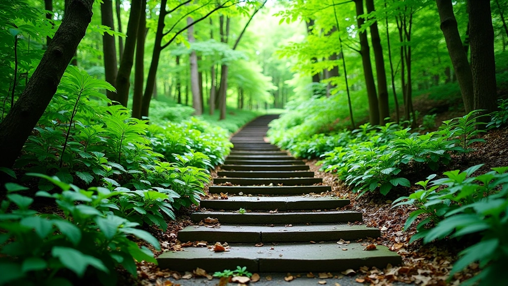Stone staircase pathway winding through green forest on Petřín Hill with dappled shadows and lush vegetation on both sides