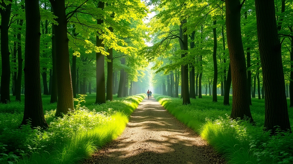 Visitors walking on tree-lined pathway through Petřín Hill gardens with green vegetation on both sides and dappled sunlight filtering through leaves
