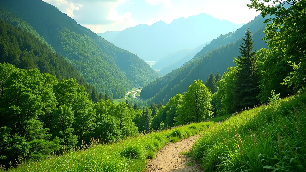 Scenic hiking path through green forest valley with mountain views