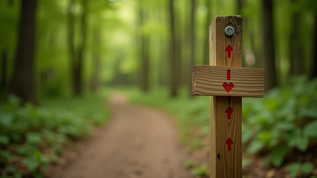 Close-up of marked hiking trail signpost with red blazes on forest path and forested hillside in background
